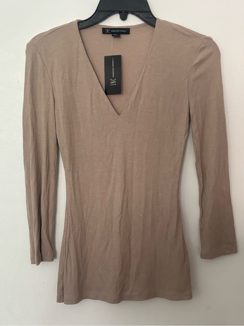 INC International Concepts Taupe Ribbed V-Neck 3/4 Sleeve Top XS NWT